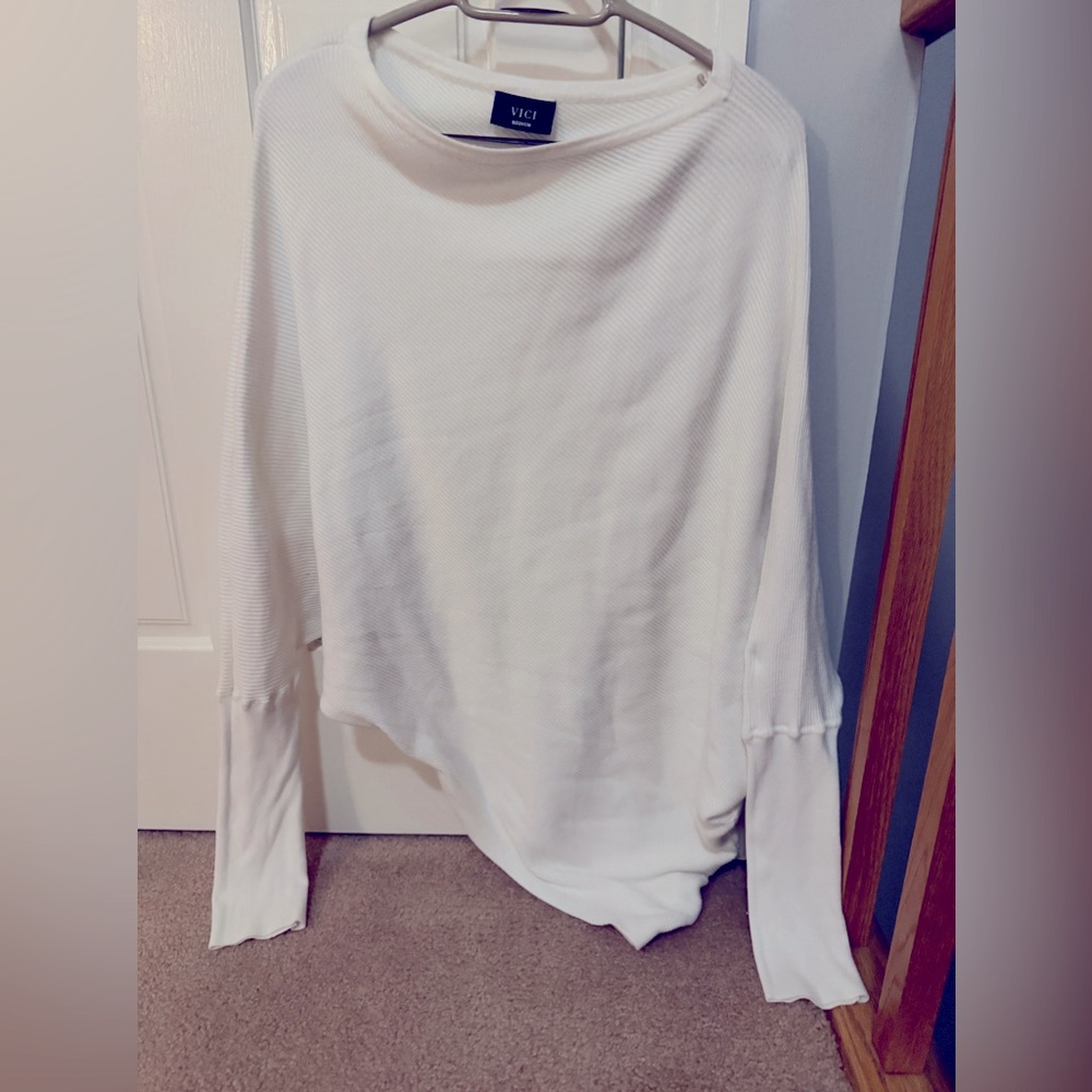 Vici Cream Cashmere Blend Ribbed Asymmetrical Long Sleeve Shirt